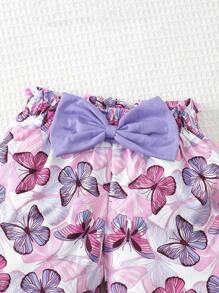 Girls Sleeveless Top & Shorts 2pcs Set, Round Neck Lace Ruffle Sleeve Blouse + Butterfly Print Shorts, Casual Daily Wear For 4-7 Years Old