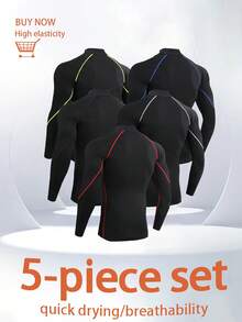 5 Pieces Of Men's High-Neck Fitness Long-Sleeve Athletic Running T-Shirts, Suitable For Autumn And Winter, With High Elasticity, Moisture-Wicking, Breathable, And Tight-Fitting Design. - 混色 - 查看 2