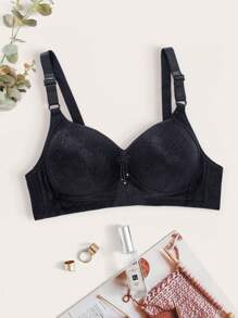 Damen Drahtloser Bügel-BH mit nahtlosem Blumenmuster, komfortabel mit minimalem Seitenspeck, Schwarz