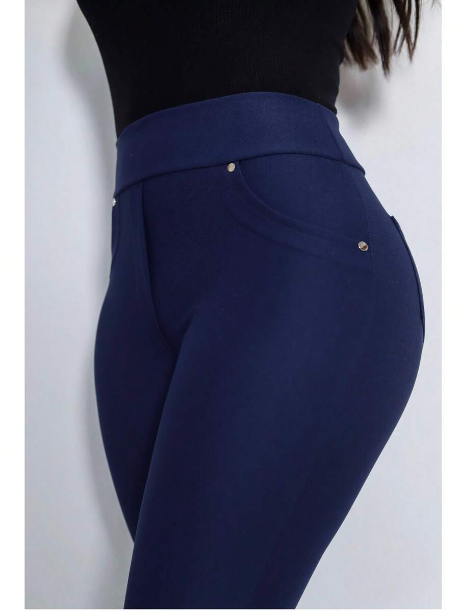 Women's Leggings With Pocket High Waist Riding Stitch Roma Skinny - Navy Blue - View 1