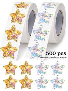500 张/卷激光银色和金色星形贴纸，适用于学生和教师奖励表，金属箔闪光，防水和可移除不干胶标签，学校用品，返校 - 彩色 - 查看 1