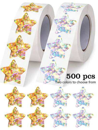 500 张/卷激光银色和金色星形贴纸，适用于学生和教师奖励表，金属箔闪光，防水和可移除不干胶标签，学校用品，返校