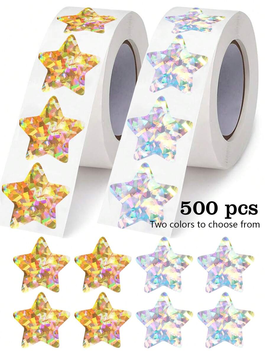 500 张/卷激光银色和金色星形贴纸，适用于学生和教师奖励表，金属箔闪光，防水和可移除不干胶标签，学校用品，返校 - 彩色 - 查看 1