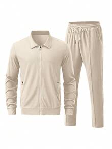 2pcs/Set Plus Size Men's Jacquard Zip Up Casual Sports Solid Color Long Sleeve Jacket & Pants Outfit, Suitable For Spring - Beige - View 2