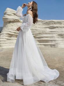 露肩长袖蕾丝刺绣紧身胸衣搭配闪亮薄纱，适合婚礼派对户外花园婚纱，女士拉链后背舞会礼服婚礼正式礼服带拖尾，新娘 - 白色 - 查看 5