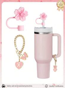 2pcs/Set Accessories For 30-40oz Cups, Pink Letter Cup Marker And Silicone Fuchsia Flower Straw Lid, Silicone Anti-Slip Protective Cover, Reusable 10mm Thick Straw Lid, Cute Letter Decor Fits Modern Minimalist Glass Cups, Back To School Supplies