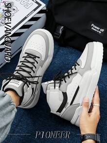 Fashionable Popular Men's Leather & Mesh Patchwork Couple Classic Vulcanized Shoes, Comfortable High-Top Sneakers Suitable For Outdoor, Unisex, For Active Jeans Outfit - white ash - View 7