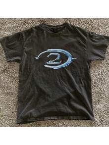 Black Retro Halo 2 T-Shirt With A Blue Logo, Vintage Gaming Shirt, Y2K Advertising Campaign, All-Season Family Tee. - màu đen - Xem 1