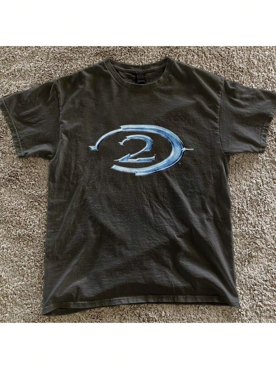 Black Retro Halo 2 T-Shirt With A Blue Logo, Vintage Gaming Shirt, Y2K Advertising Campaign, All-Season Family Tee. - màu đen - Xem 1