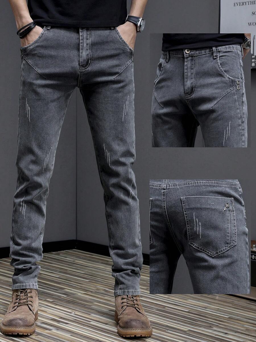 男式水洗做旧猫抓弹力紧身牛仔裤 - 灰色 - 查看 1