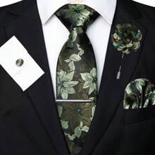 Set 1/2/3/4/5 bucăți pentru bărbați, cravată cu imprimeu floral, cravată din satin de mătase, clemă de cravată argintie, pătrat de buzunar, butoni și broșă set cadou, potrivit pentru ziua tatălui, aniversarea, ziua de naștere și alte ocazii. Modelul floral clasic se potrivește perfect cu smokingul, făcându-vă distinct în orice ocazie. Excelent pentru afaceri, bal, nuntă, banchet, ceremonie, întâlnire formală, petrecere ocazională și momente importante