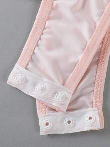 Women's Lace See-Through Ruffled Hem Pajamas With Bow Back Button Closure, Sexy One-Piece Sleepwear - Apricot - View 10