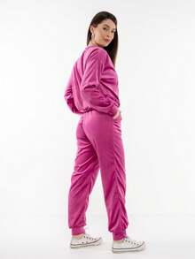 Women's Long Sleeve Velvet Plus Size Set With Pockets HF-CON-050 - 紫紅色 - 查看 4