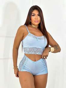 Ribbed Suede Lace Babydoll - 淺藍色 - 查看 1