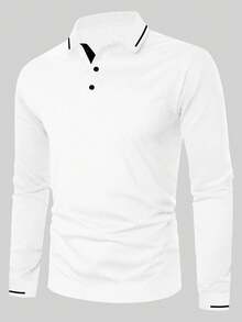 1pc Men Plus Size Casual Solid Color Button-Up Collar Long Sleeve Polo Shirt, Suitable For Spring/Autumn, Fall - White - View 2