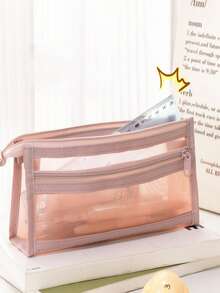 1 Pc Ins Style Simple Transparent Net Double-Layer Large Capacity Zipper Pencil Case, Student Exam Stationery Organizer - Multicolor - View 4