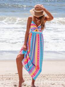 popvil Boho Printed Front Twist Cutout Maxi Dress - Blue - View 5