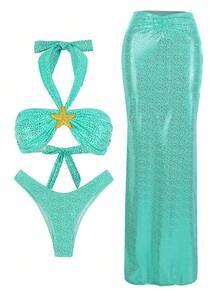 3pcs/Set Sexy Solid Color Bikini For Women, European American Style - Blue - View 2