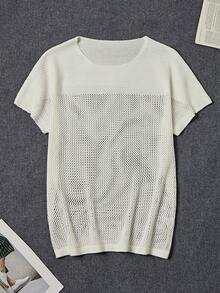 男士网眼拼布透视罩衫，休闲沙滩短袖针织上衣 - 白色 - 查看 2