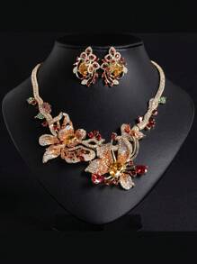 1 conjunto/3 piezas Juego de joyas con collar y aretes con forma de pétalos de flor, con piedras de circonita cúbica engarzadas, adecuado para mujeres, novia, boda, fiesta formal, regalo para el Día de la Madre (opción de varios colores)