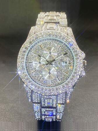 Reloj de pulsera de lujo con diamantes completos y 3 pequeños diales decorativos para hombre, reloj de cuarzo estilo hip hop con diamantes incrustados