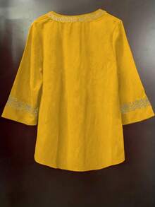 Women's Crew Neck Color Block Casual Vacation Blouse Spring - Yellow - View 2