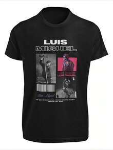 Playera informal de verano para hombre con estampado de nombre, letra y personaje de cantante mexicano, cuello redondo y mangas cortas, 100 % algodón, 220 g de algodón grueso. - Negro - Ver 1