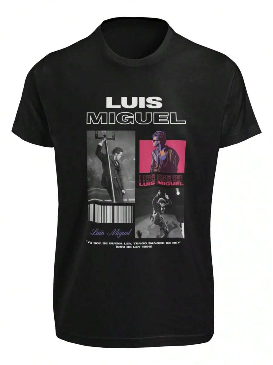 Playera informal de verano para hombre con estampado de nombre, letra y personaje de cantante mexicano, cuello redondo y mangas cortas, 100 % algodón, 220 g de algodón grueso. - Negro - Ver 1