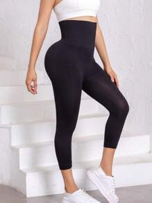 1 pieza Leggings de cintura alta con control de abdomen y soporte de espina de pescado, estilo básico sólido para mujeres