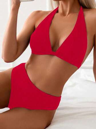 New Summer Solid Color 2 Pieces Bikini Set, Halter Tie Back Style, Beach Vacation