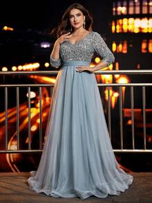 XUIBOL Plus Sequin Insert Mesh Overlay Formal Dress Elegant Prom Evening Wedding Guest Gown, For Graduation, Dinner - Dusty Blue - View 6