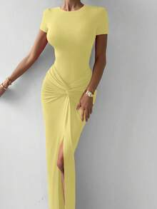 女士 2 件优雅奶油黄色修身高弹情人节短袖紧身衣，带荷叶边松紧腰长裙，适合春夏约会 - 淺黃色 - 查看 3