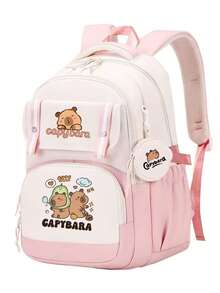 Extra Large Capybara Print Backpack - Cute Patchwork Design, Nylon Material, Lightweight Student Backpack Suitable For High School And College, Korean Style