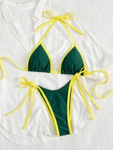 Spring Break Women's Color Blocking Sexy Halter Bikini Beach Vacation 2 Pieces Swimwear Set - Dark Green - View 3