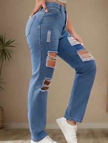Jeans Claros Rotos Destruidos - Diseño Fresco con Aberturas Modernas,Pantalones de Mezclilla Elástica para Looks Casuales de Verano, Ideales con Sandalias o Tenis - Azul - Ver 4