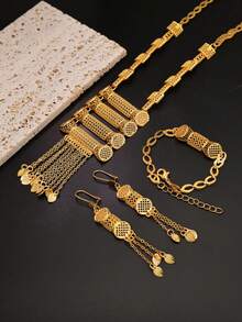 Bộ 4 món trang sức hình học rỗng cổ điển gồm hoa tai, vòng cổ, vòng tay cho nữ - Vàng - Xem 4