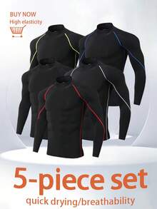 5 Pieces Of Men's High-Neck Fitness Long-Sleeve Athletic Running T-Shirts, Suitable For Autumn And Winter, With High Elasticity, Moisture-Wicking, Breathable, And Tight-Fitting Design. - 混色 - 查看 1