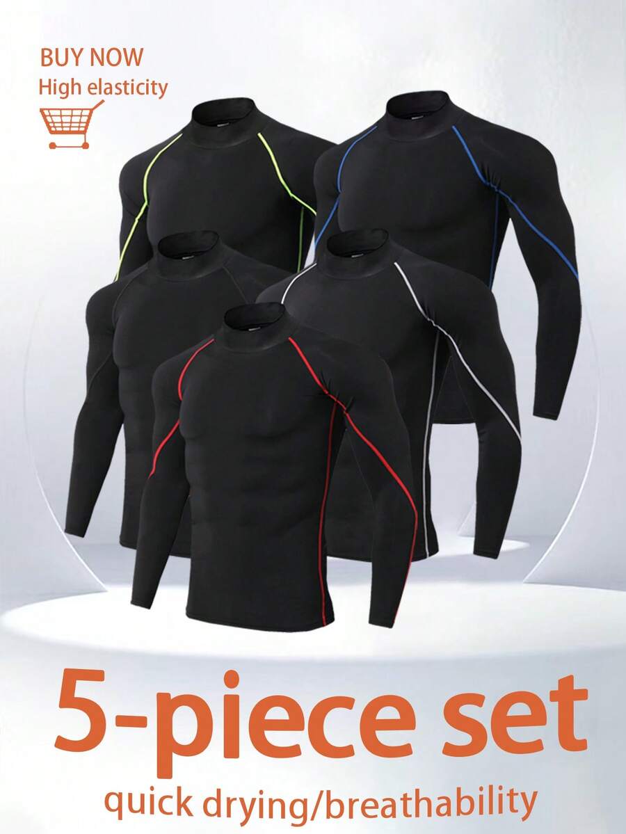 5 Pieces Of Men's High-Neck Fitness Long-Sleeve Athletic Running T-Shirts, Suitable For Autumn And Winter, With High Elasticity, Moisture-Wicking, Breathable, And Tight-Fitting Design. - 混色 - 查看 1