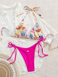 2 piezas Conjunto de bikini de tanga sexy con estampado de playa y patrón, con atar al cuello para mujer, para vacaciones - Rosa Fucsia - Ver 3
