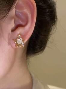 1 对优雅魅力小巧星形镶嵌猫眼石设计耳环，别致的日常佩戴，特殊场合的礼物 - 金黃色 - 查看 4