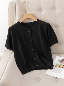 GIGOGOU 女士透气针织开衫T恤，时尚短袖T恤，春夏黑色 - 黑色 - 查看 4