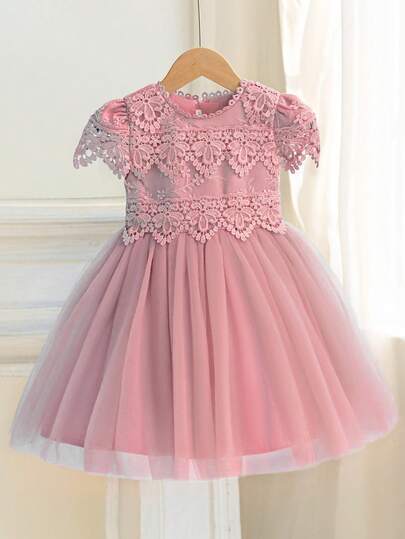 Girls' Pink Lace Tulle Dress, Flower Girl Dress For Weddings, Birthdays & Parties
