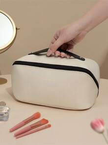 1个大容量隔层化妆包，旅行便携式洗漱包，多层化妆包，男女通用护肤品收纳袋，适合携带美容必备品，旅行洗漱包 - 杏色 - 查看 3