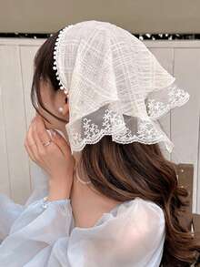 法式乡村风蕾丝裹头巾时尚三角头巾女发圈头箍海边配饰复古优雅围巾丝带法式蕾丝三角头巾花朵发饰头巾头箍发带 - 彩色 - 查看 9