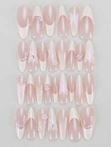 30片中号杏仁形按压假指甲贴片，珍珠蝴蝶结甜美酷炫日韩风女士指甲贴片，新款时尚指尖，配1片果冻胶和1片摩擦条，适合女性派对、舞会、日常休闲装，可拆卸可重复使用按压指甲美甲用品指甲 - 彩色 - 查看 3