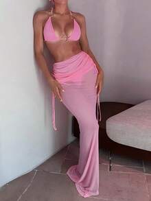 3pcs Pink Sexy Bikini Set With Mesh Maxi Dress, Women's Halter Cutout Swimwear With Metal Circle Ring, Padded Tummy Control Swimwear For Beach, Pool, Holiday