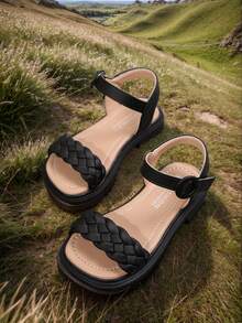 女童凉鞋夏季2025新款儿童编织鞋软底幼儿沙滩鞋中大童鞋 - 黑色 - 查看 6