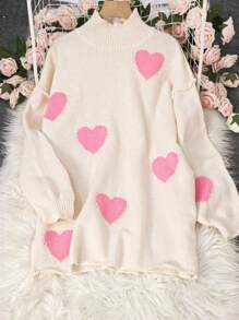 Oversized Autumn And Winter Fashion Casual Valentine's Day Pink Love Random Jacquard Drop Shoulder Loose Long Sleeve Sweater Pullover,Long Sleeve Tops