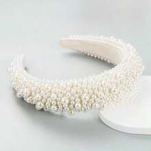 Pearl Headband - Cute Fluffy Soft Padded Headband With Faux Pearl, Suitable For Wedding - Bridal Fashion - Wide Beaded Shiny Headband - Birthday Hair Accessories Hairband Hair Hoop