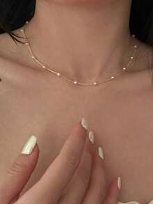 1pc Minimalist Faux Pearl Chain Necklace - Yellow Gold - View 1